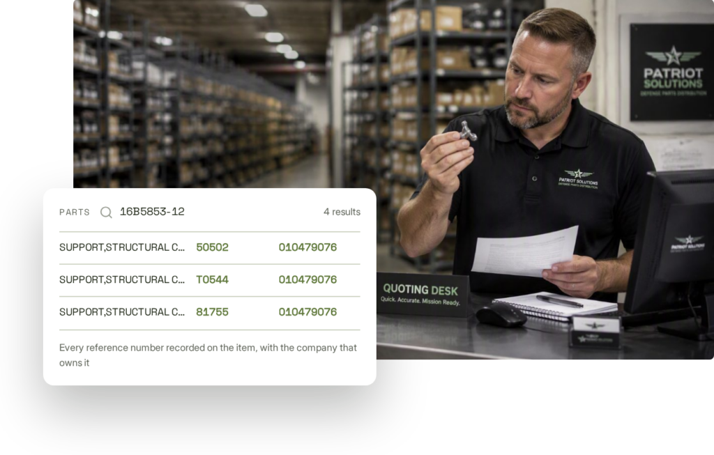 Quote desk employee looking up part numbers and suppliers in OpenFLIS
