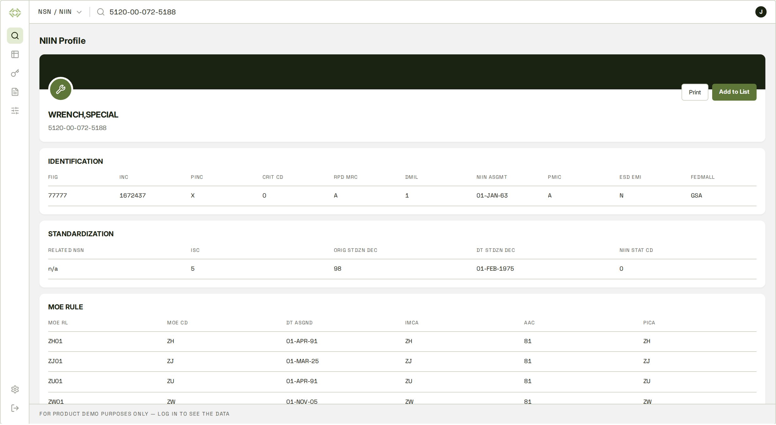 OpenFLIS NIIN profile showing the decoded FLIS record