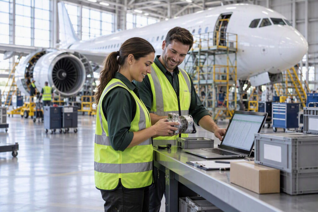 Aircraft maintenance technicians checking parts data on a laptop in a hangar