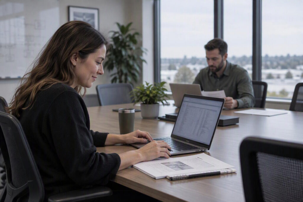 Analyst researching supply chain data on a laptop in an office
