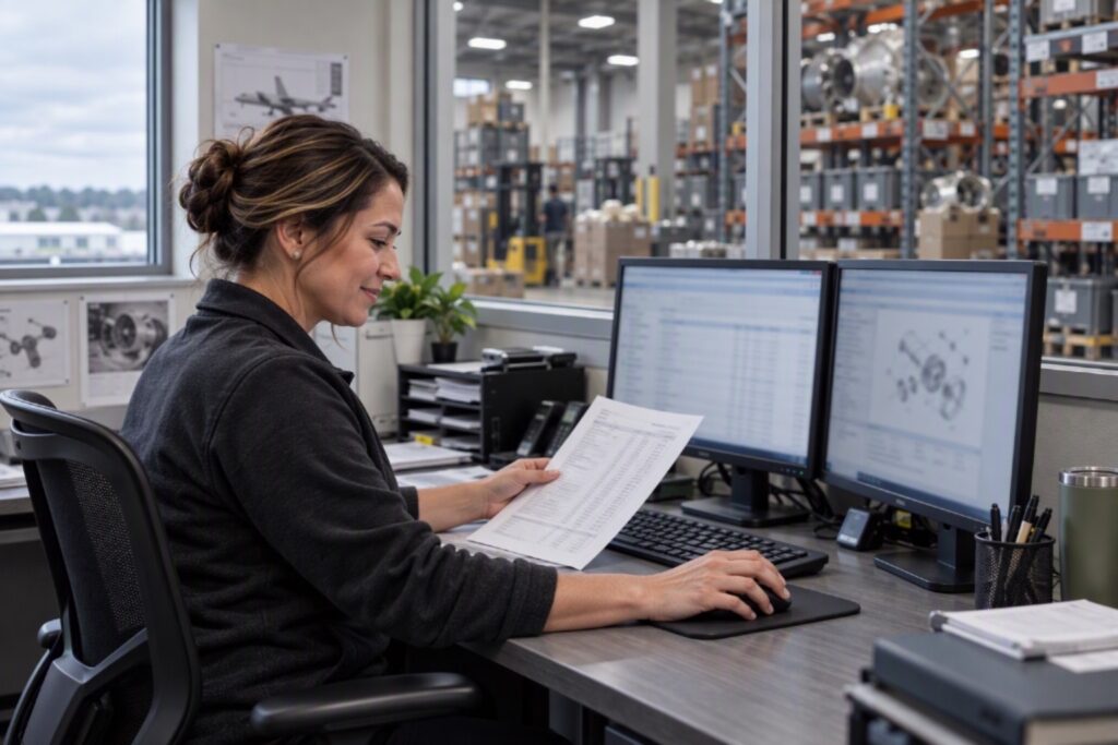 Procurement specialist reviewing an RFQ at a desk with two monitors