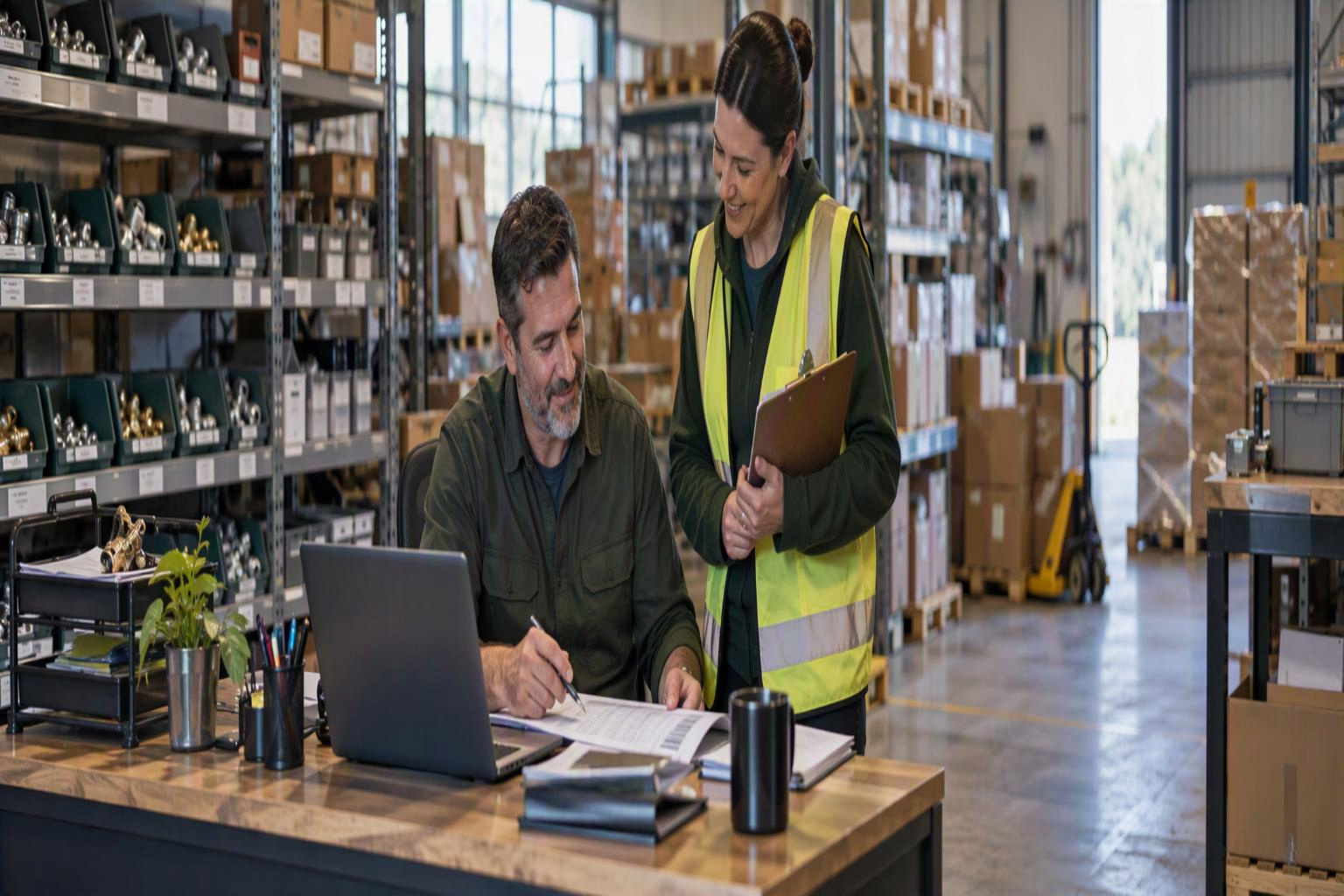 Warehouse team reviewing an inventory report on a laptop