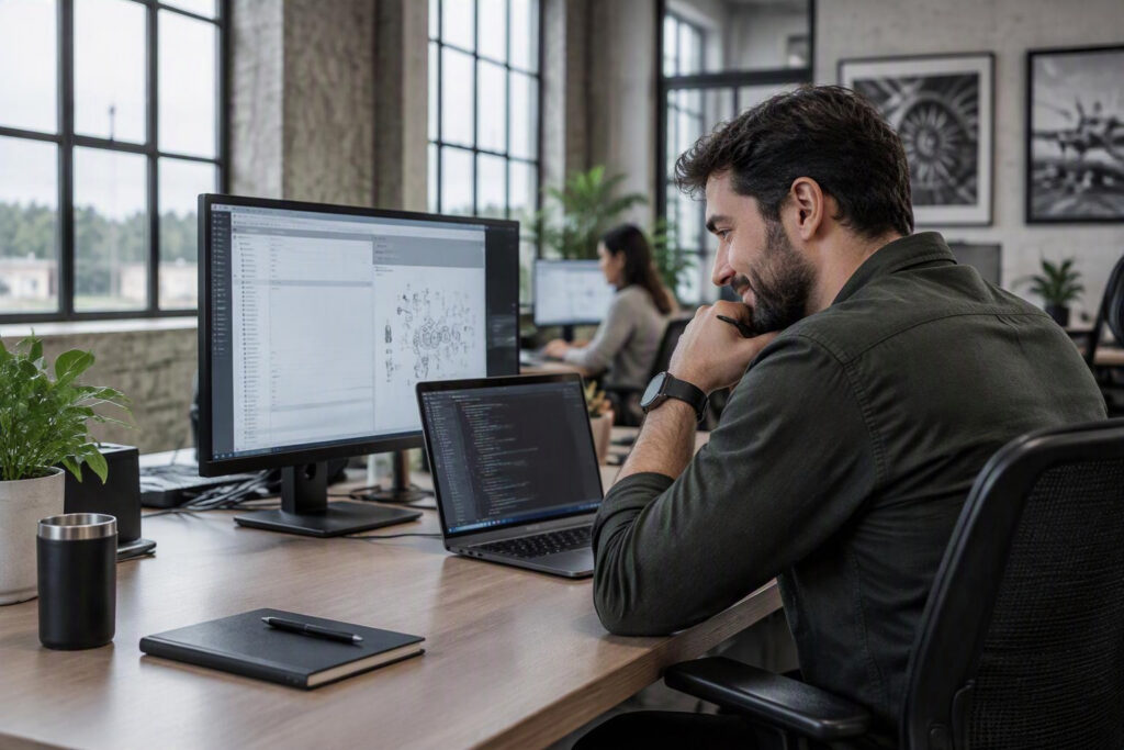 Software developer working on a platform integration at a laptop